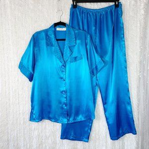 Nicole Classics Pajamas Set MEDIUM Blue Satin Polka Dot Trim Button Up Top Pants